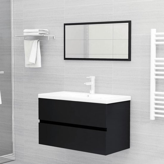 Meuble de salle de bain mural avec meuble noir et lavabo blanc. Avec miroir et porte-serviettes.
