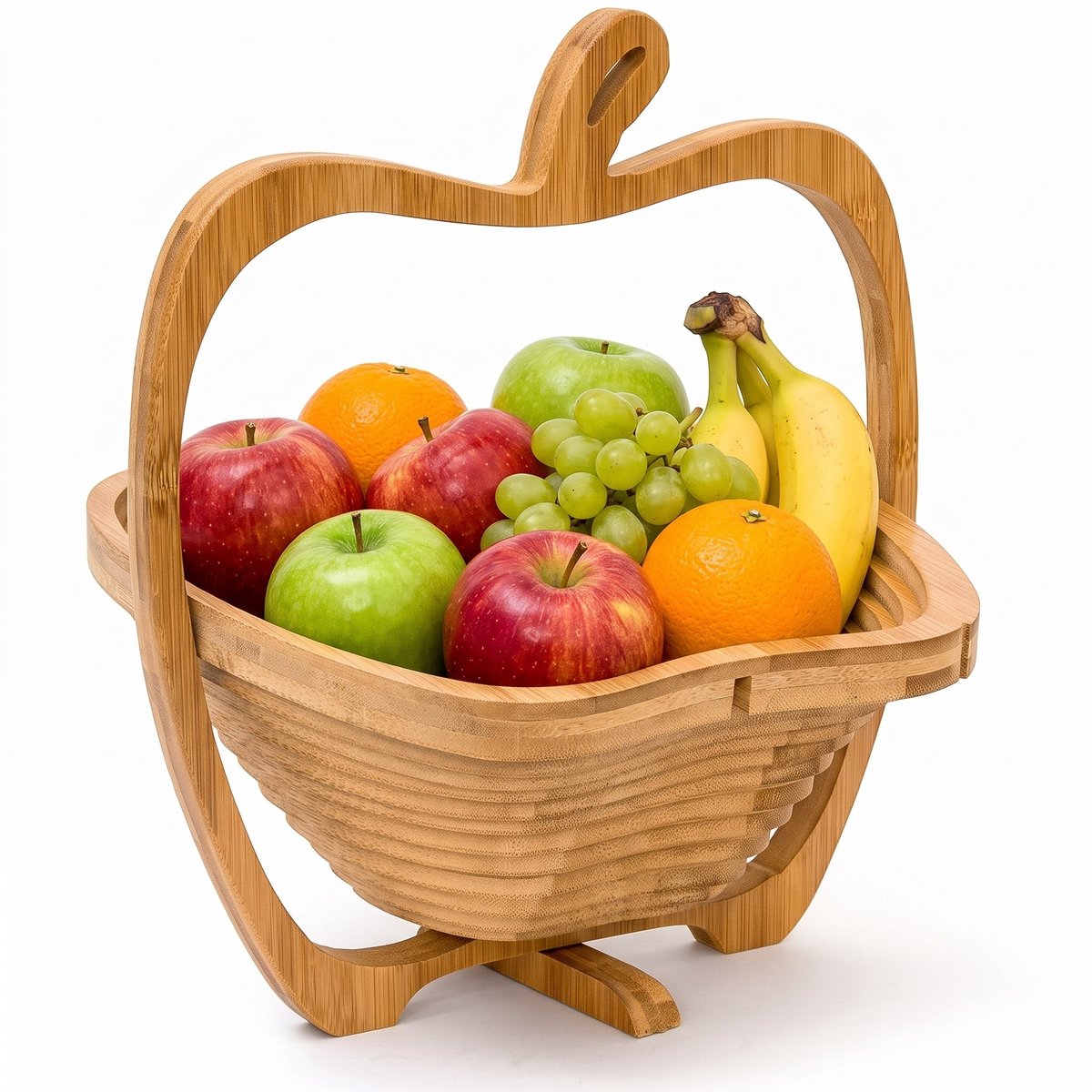 Cheqo® Fruitmand Opvouwbaar - Fruitschaal Bamboe - Onderzetter in Appelvorm - Broodmand en Groentemand - Inklapbaar Houten Design - Pannenonderzetter - Keuken Decoratie - Fruitkom voor Eettafel - Serveerschaal voor Fruit en Groente