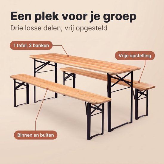Cheqo® Biertafelset 3-Delig - Picknickset - Picknicktafel met Banken - Biertafel met 2 Banken - Bierbank Set - Campingtafel met Banken - Campingset - Klaptafel met Banken - Inklapbaar - Opvouwbaar - Houten Tuintafel - Tuinset - Vouwtafel — afbeelding 5