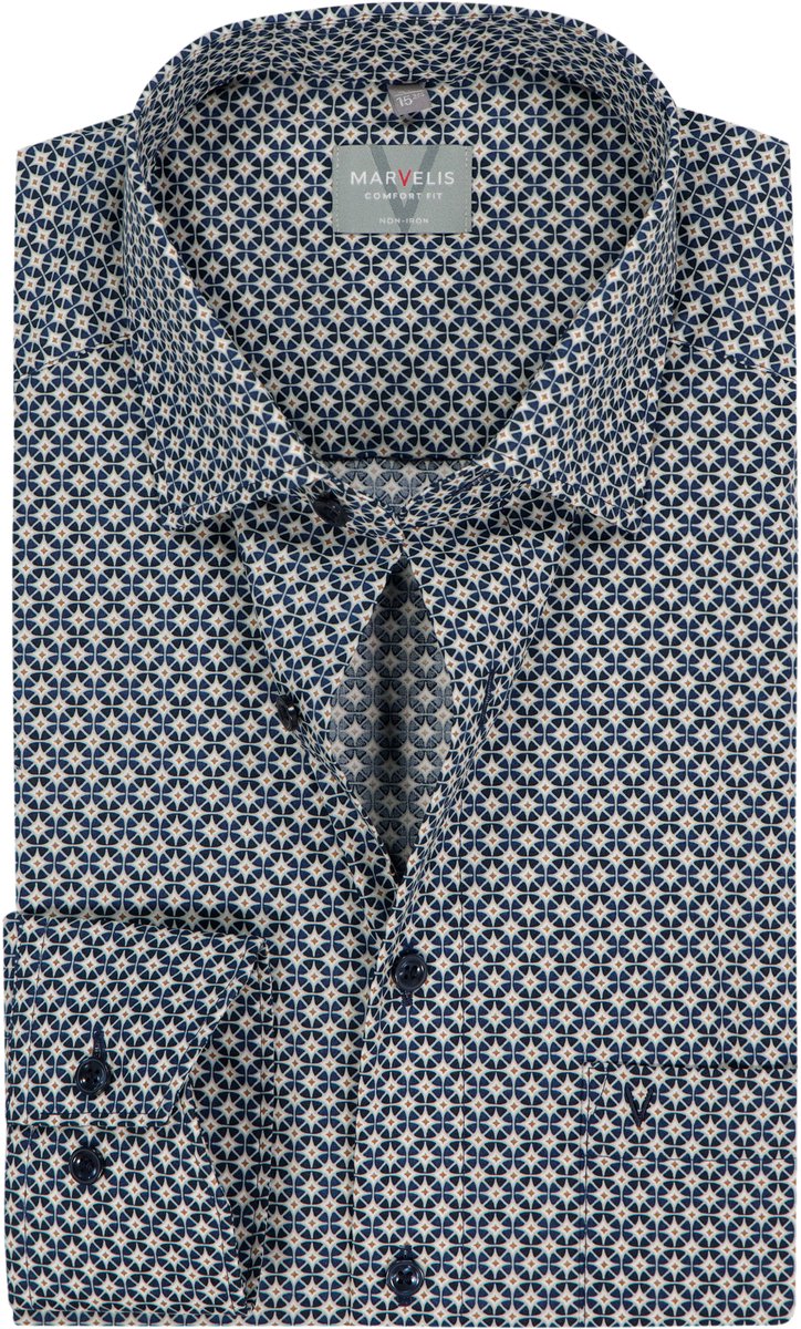 MARVELIS comfort fit overhemd - popeline - blauw met lichtbruin en wit dessin - Strijkvrij - Boordmaat: 45 (EU maat: XXL)
