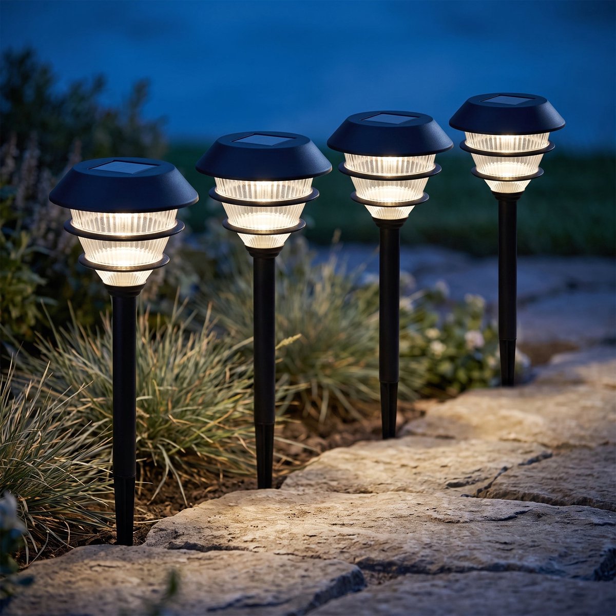 Cheqo® Solar Tuinverlichting - Tuinlampen Set van 4 - Buitenlamp op Zonne-energie - Solar Lampen Buiten - Tuinlantaarn met Warm Wit LED - Padverlichting voor Tuinpad en Oprit - Prikspots - Staande Buitenlamp met Schemersensor - Waterdicht Zwart
