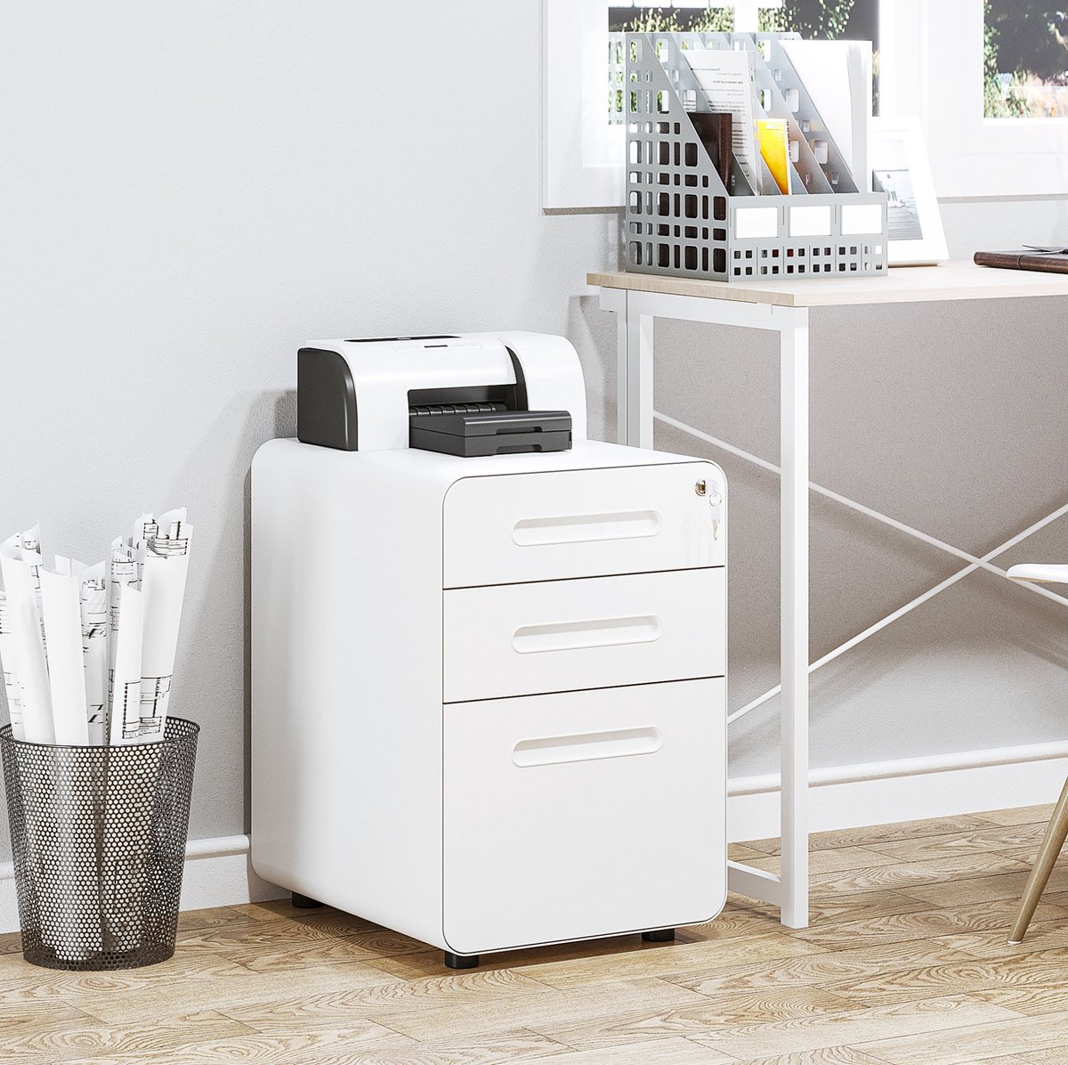 COVREO Rollcontainer 39x48x59 cm wit staal, 3 lades met slot en wielen