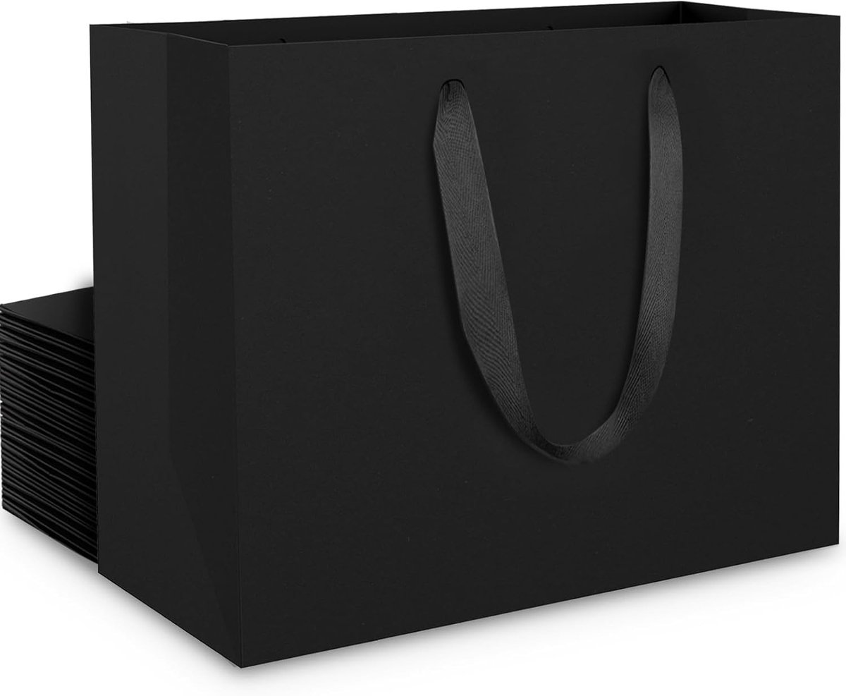 Set van 20 Zwarte Cadeauzakken met Handvat - Medium M 27x8x21cm - Stevige Kraft Papieren Tassen voor Feestjes en Cadeaus