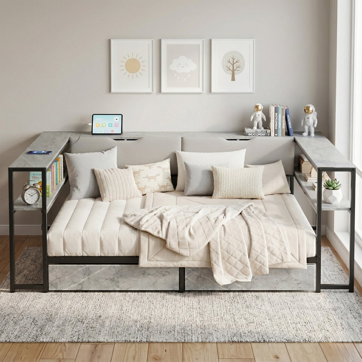 Wishdor Bedbank met usb- en type-c-laadstation - 2 laden - lattenbodem - grijs - 140x200 cm - mdf en metaal - 240,5 x 161 x 80,5 cm