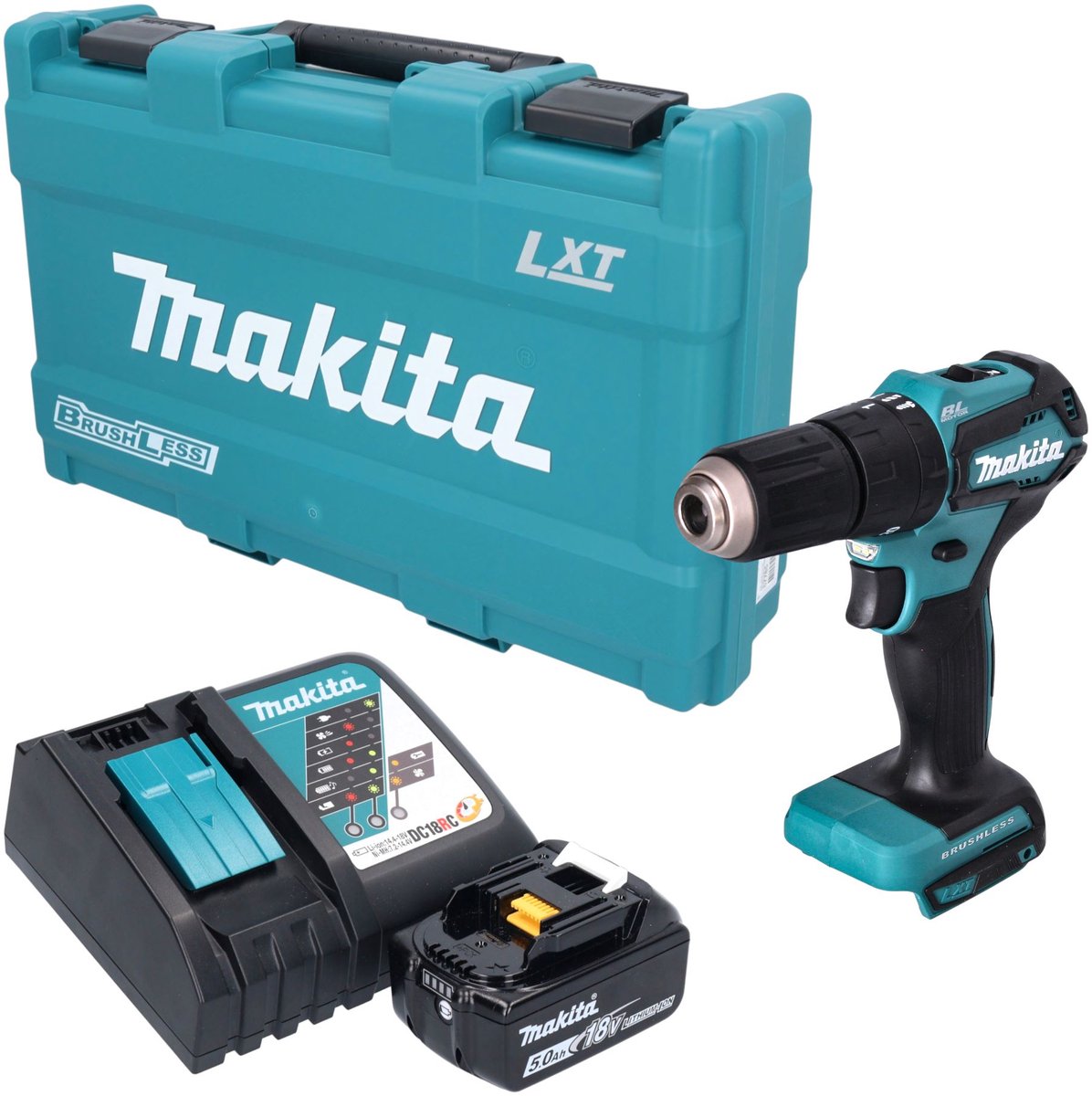 Makita DHP 483 RT1K accu-slagboormachine 18 V 40 Nm borstelloos + 1x accu 5,0 Ah + oplader + koffer