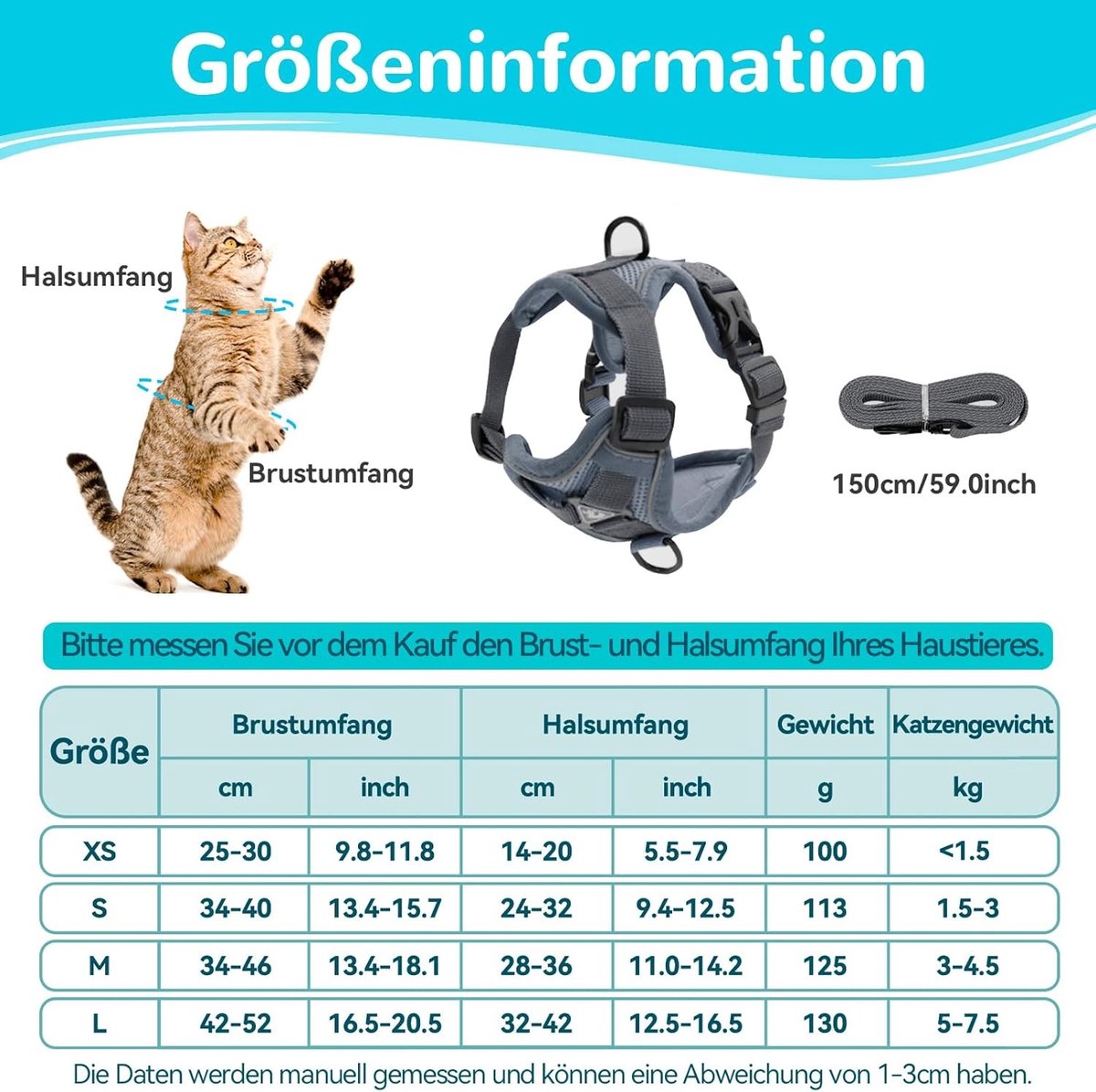 Kattenharnas - grijs - maat L - ademend mesh materiaal - verstelbaar en anti-ontsnapping