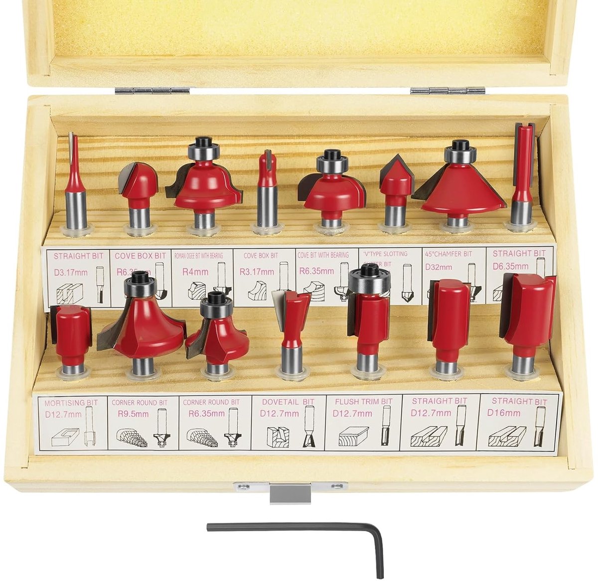 15-delige Frees Set 6.35mm voor Houtbewerking, Tungsten Carbide Frezen, Inclusief Plastic Opbergdoos, Ideaal voor Houtfrezen en Routeren