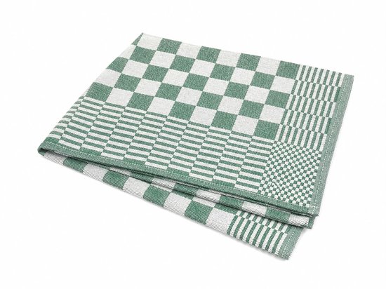 Torchons à carreaux verts et blancs plié, avec un motif de carrés et de rayures.