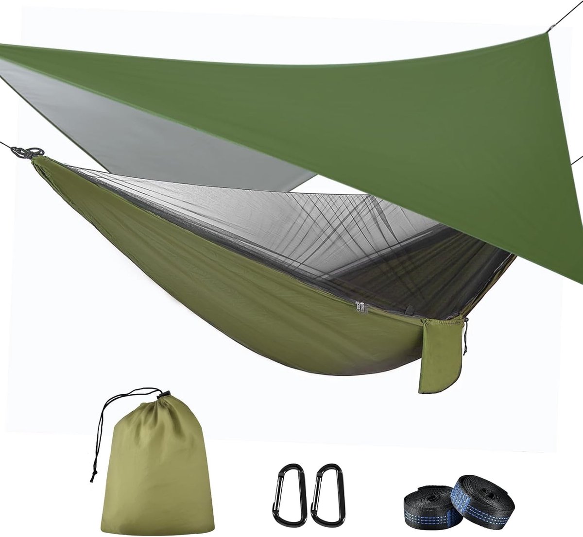 Klamboe 2 persoons - Legergroen - 290 x 140 cm - Parachutedoek Hangmat met Muggennet en Tentzeil - Voor Reizen en Outdoor