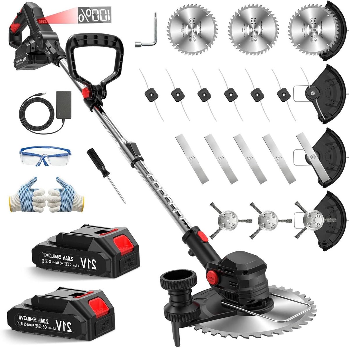 Accu Grastrimmer - Bosmaaier Kantensnijder - Gazon Onderhouden - 4-in-1 Messen Set - 105-139 cm - Zwart