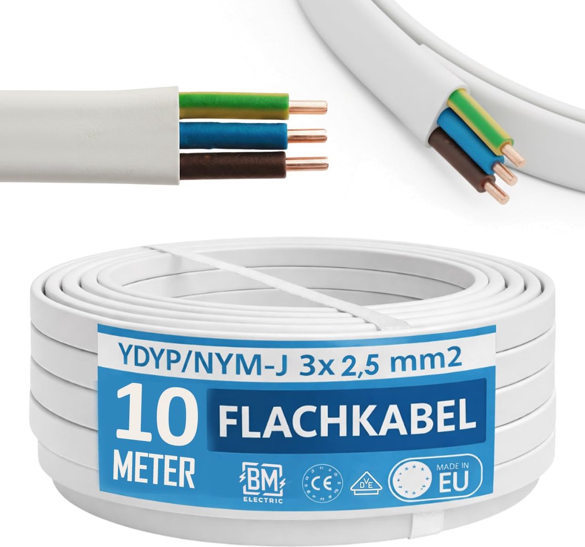 NYM Kabel 3 x 2 - 5 mm² YDYp - stroomkabel 3-polig 2 - 5 mm² - platte kabel 10 m - 11 × 6 mm - raamdoorvoer - vochtige kamerkabel - massief koperen geleider - 300 - 500 V