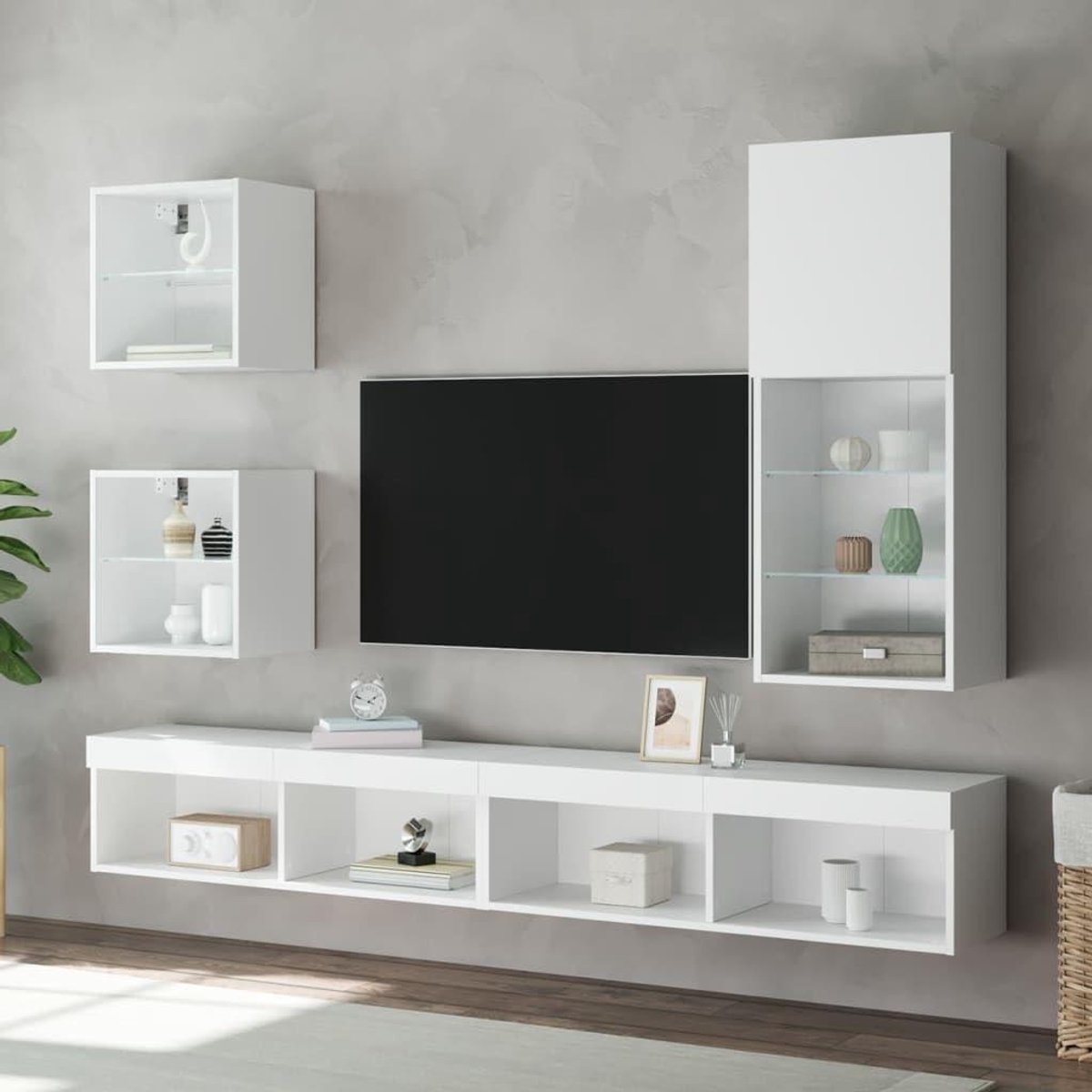 Tv-meubel Set - Woonkast Mediawand - Woonkamer Inrichten - Met LED Verlichting - 5-Delig - Wit