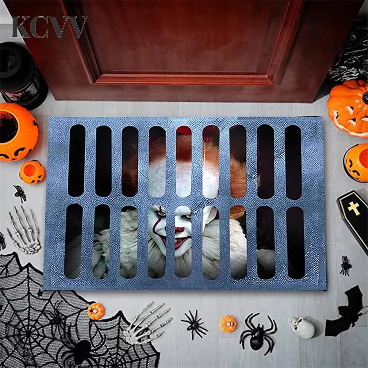 Halloween decoratie-halloween decoratie binnen-deurmat binnen met print-Halloween deurmat met clownmotief - Realistische griezelmat - Feestelijke entree - Griezelige Halloween decoratie - Zwart - 60 x 40 cm