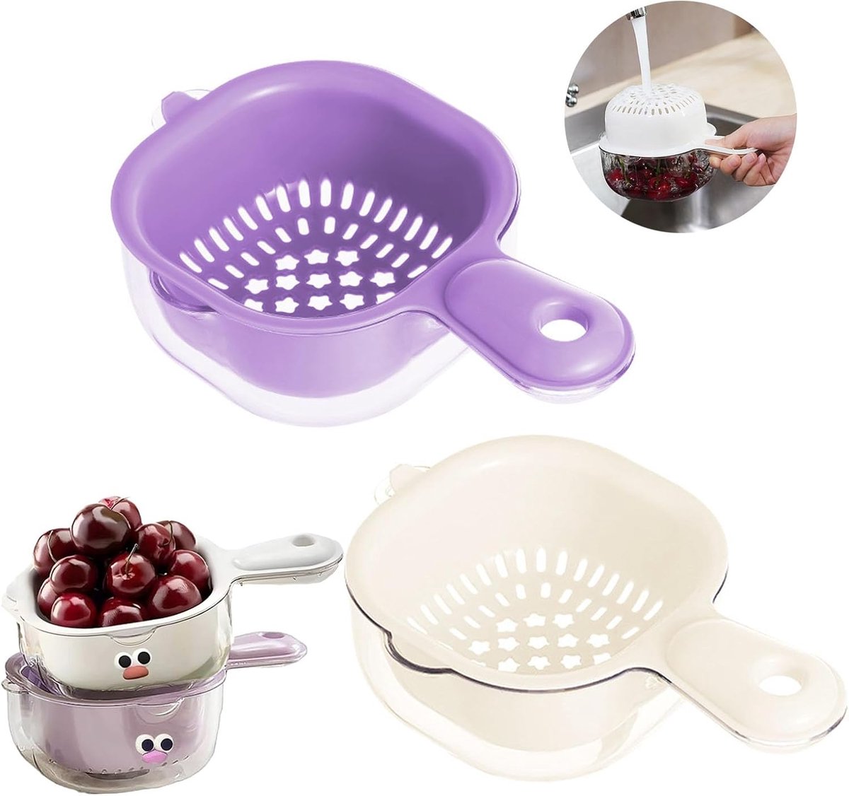 Bobypet - 2 Stuks Keuken Dubbellaags Afdruipmand met Handvat - 2 in 1 Schoonmaakmand voor Groenten - met zeefcontainer Fruit en Pasta - Vergiet - Antislip Spoelmand met Opvangbak - Wit en paars