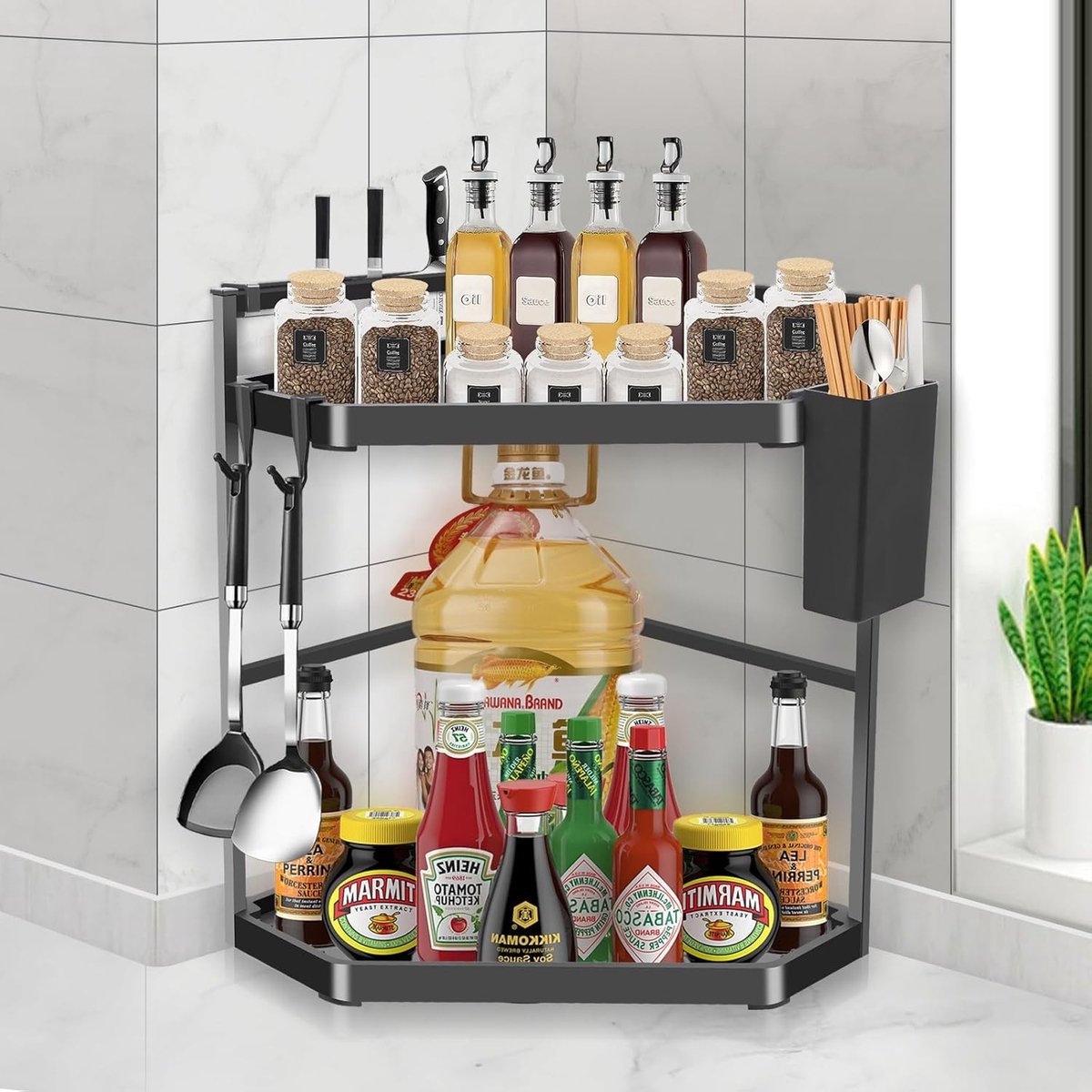 Verstelbare Hoekkeukenplank met 2 Niveaus, Ruime Werkoppervlak van 39 cm, Kruidenset en Organiser voor Keuken en Badkamer