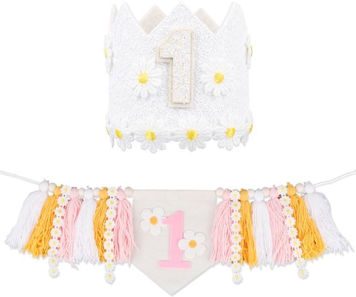 Verjaardagsbanner Roze/Wit/Geel - Eerste Verjaardag Decoratie - Kinderstoel Banner - Daisy Kroon Hoed - Polyester/Non-woven Stof - Schattig Ontwerp - Verjaardagsdecoratie