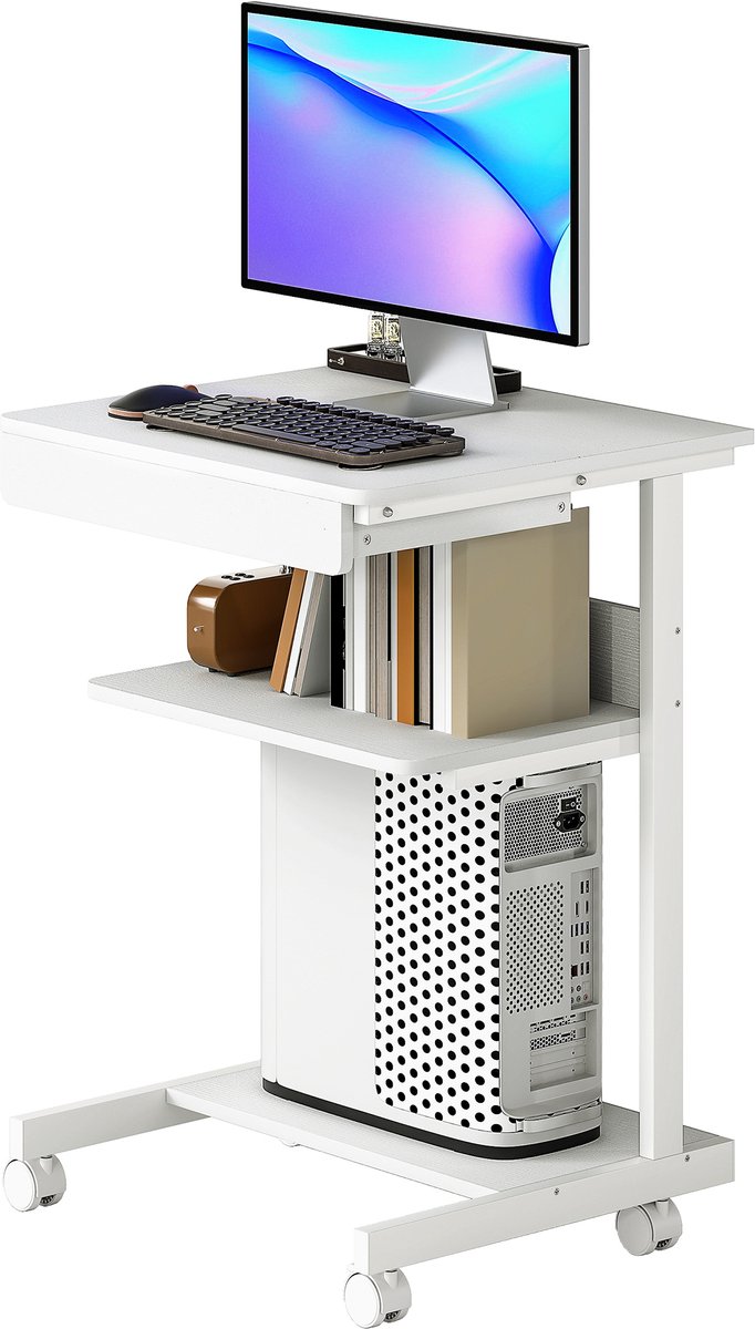 Computerbureau op wieltjes - Ruimtebesparend bureau met CPU-houder - Lades - Planken