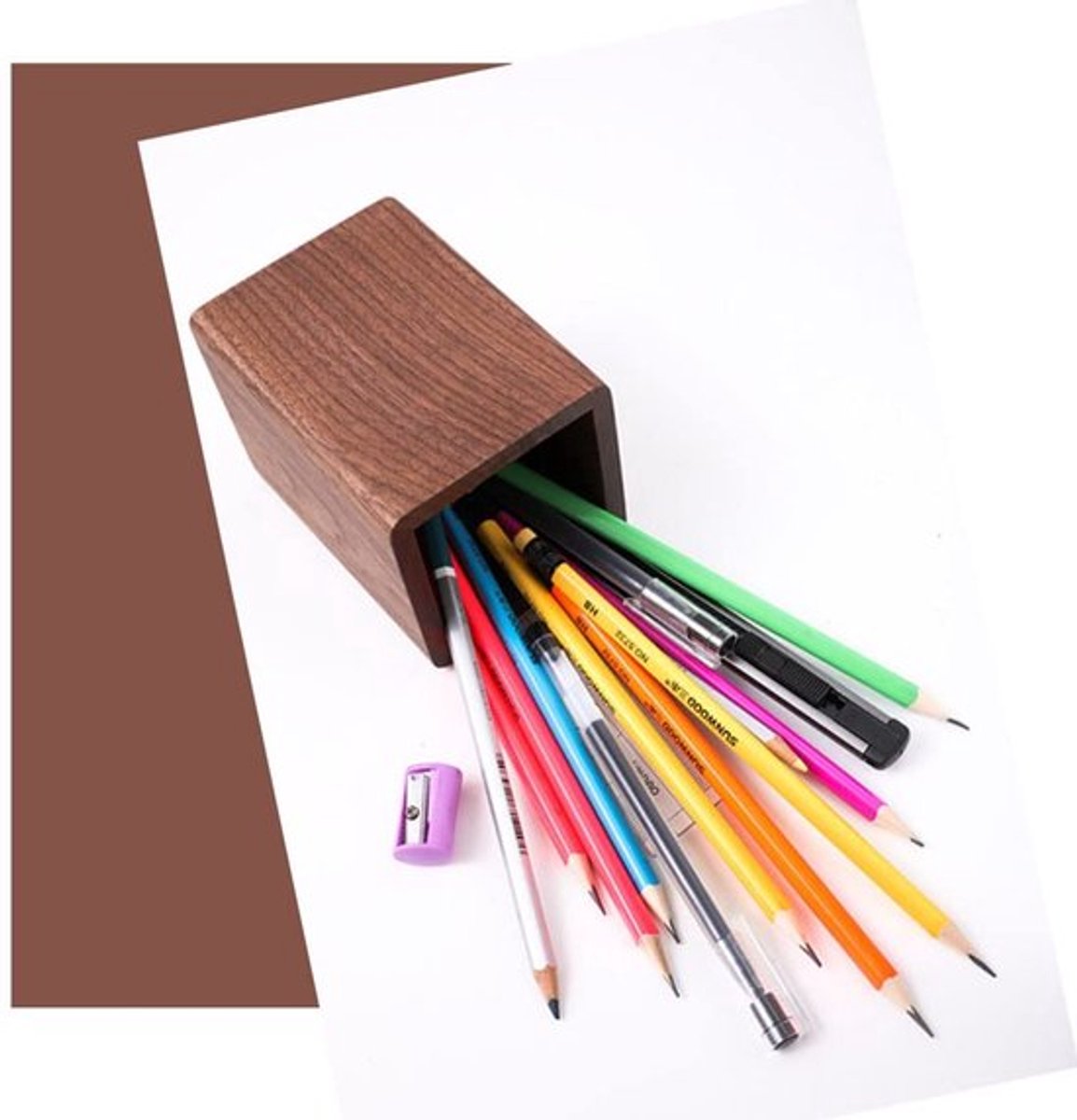 Pennenkoker Handgemaakt - Bureau Organizer - Vierkante Pennenhouder - Zwart Walnoot Hout - 11x8x8cm - Uniek Ontwerp