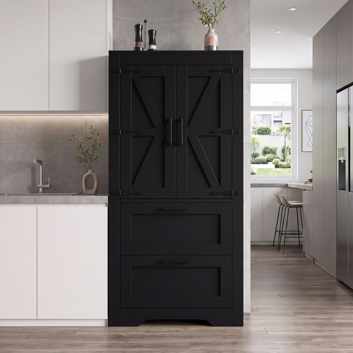 Pugsdrly Keukenkast in landhuisstijl, met 2 lades en verstelbare planken, zijkast in schuurdeur-design, geschikt als opbergmeubel voor keuken, eetkamer en woonkamer, zwart
