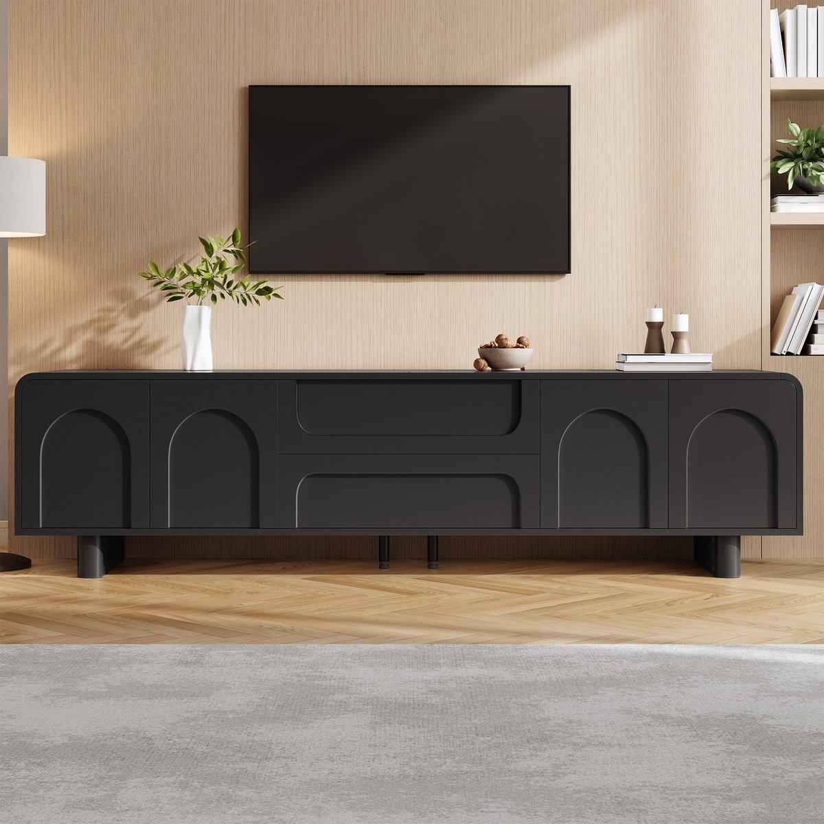 Pugsdrly TV-kast, moderne tv-lowboard met ronde hoeken, tv-tafel voor in de woonkamer, kast met deuren en lades, minimalistisch design dressoir met opbergruimte Zwart