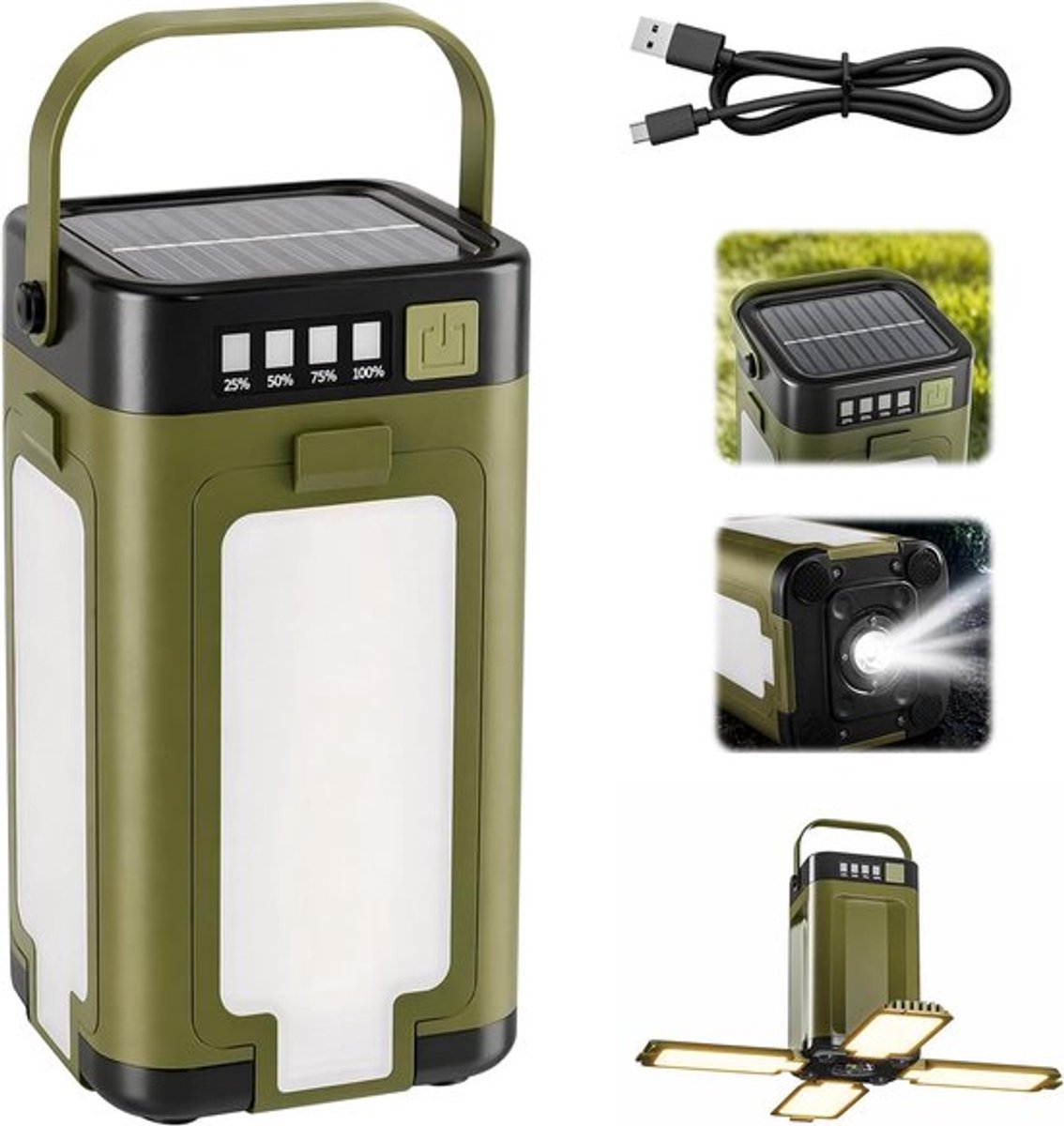 SnelShoppen - Solar Camping Lamp met USB-C Opladen, 4 Verplaatsbare Lichten, 6 Modi, 2000 mAh Accu, IPX4 Waterdicht, Vouwbaar met Haken voor Camping,