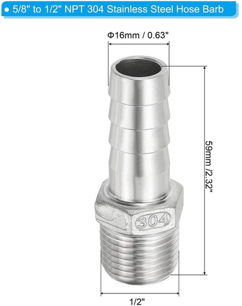 Slangkoppeling 16 mm - 1/2 inch NPT - 2 Stuks - Roestvrij Staal - Weerhaak - Corrosiebestendig - Pijpfitting