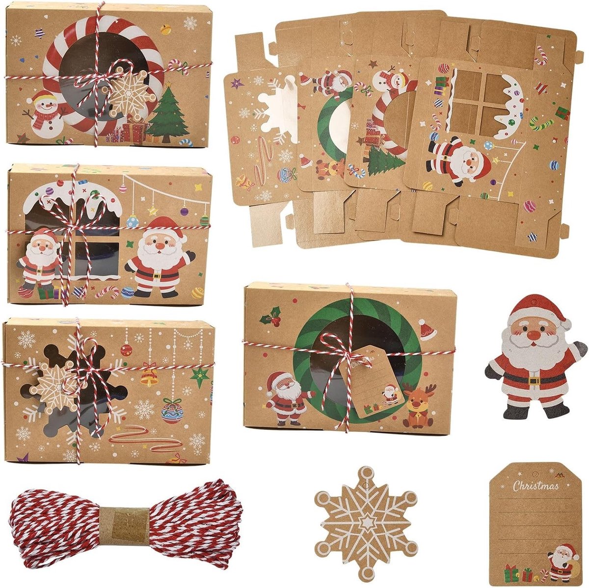 12 Stuks Geschenkdoos Set met Venster voor Kerst - Peperkoek Snoep Dozen in 4 Stijlen voor Feestelijke Cadeauverpakking - 20.5x14x6cm