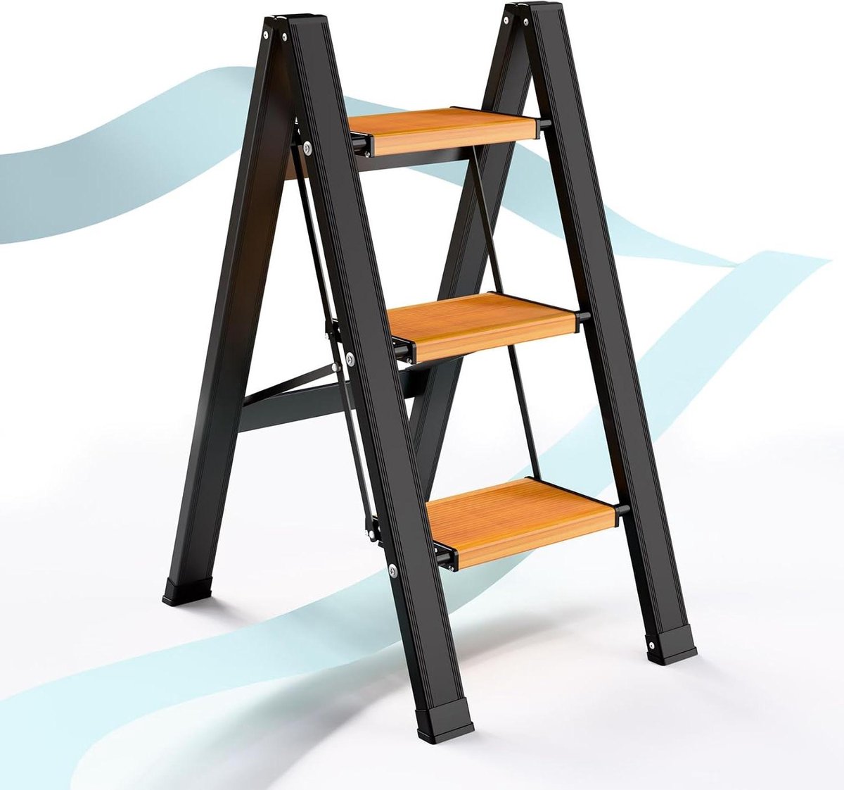 Inklapbare Trapladder - Vouwladder Huishoudladder - Huishoudelijk Werk - Verbrede Antislip Treden - 3 Treden - Zwart Houtnerf