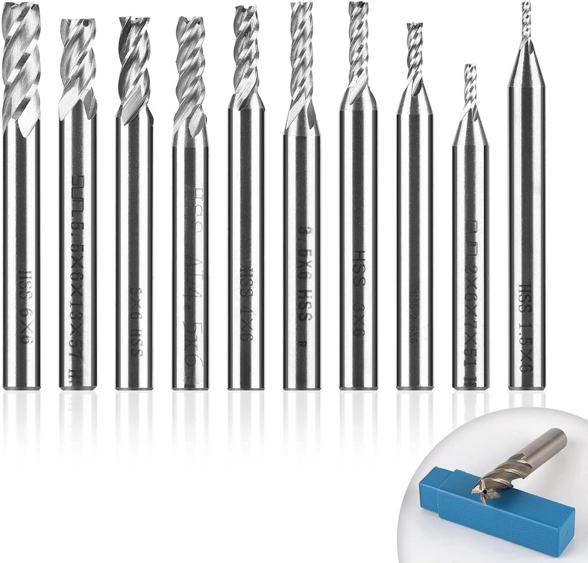 HSS Shank Cutter Set van 10 Stuks met 4 Fluiten voor CNC Router, Geschikt voor Aluminium, Hout en Plexiglas, Precisiewerk en Snijwerkzaamheden
