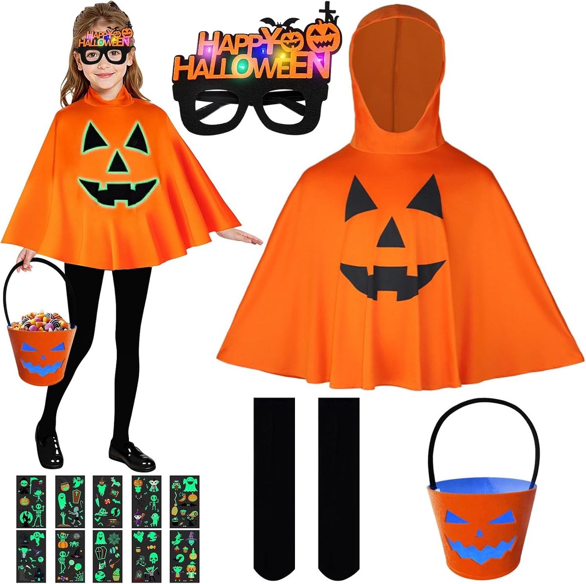 Halloween Kostuum voor Kinderen - Luminous Pompoen Cape met Kap voor Feestjes, Rollenspellen en Carnavals (120 cm)