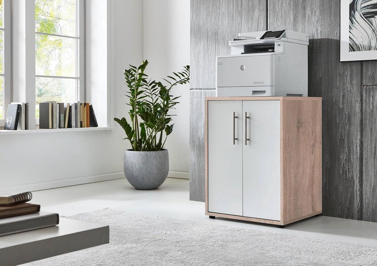 Printerkast - Archiefkast Printer - Kantoor Organisatie - Afsluitbare Deuren - 54 x 74 x 52 cm - Sonoma eiken/mat wit