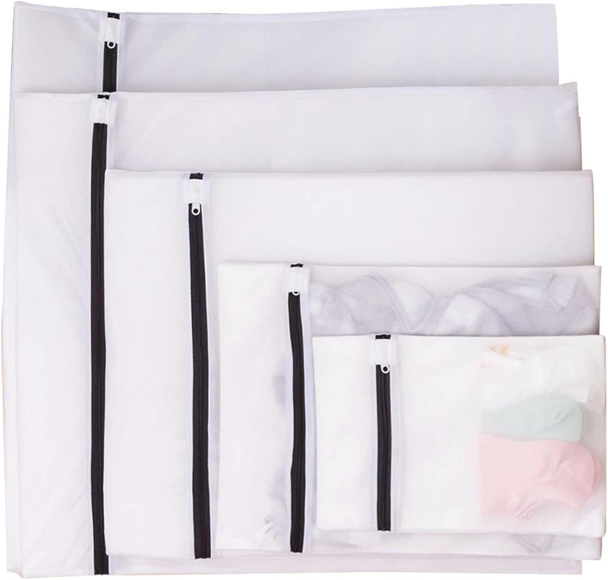 Waszak Set - Wasmand Net - Kleding Beschermen - Verstevigde Rits - 8 Delig - Wit