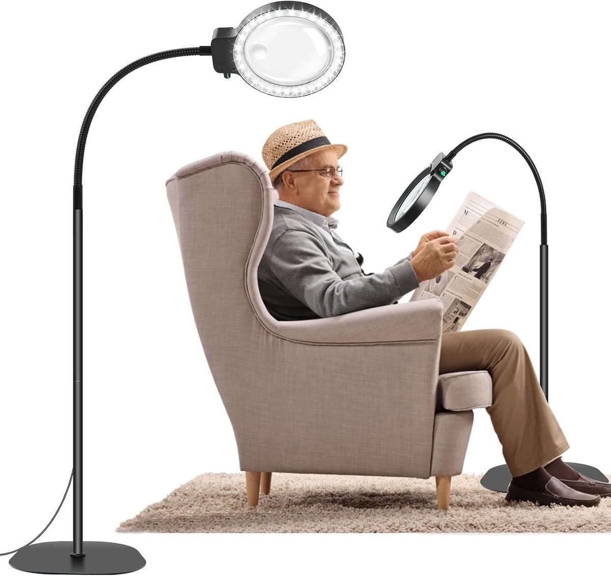 2-in-1 Vergrootglas met Licht en Statief, 5X & 10X Loupe Lamp met 36 Instelbare Helderheids-LED's, Flexibele Gooseneck Staande Vergrootlamp voor Handwerk, Lezen en Detailwerk