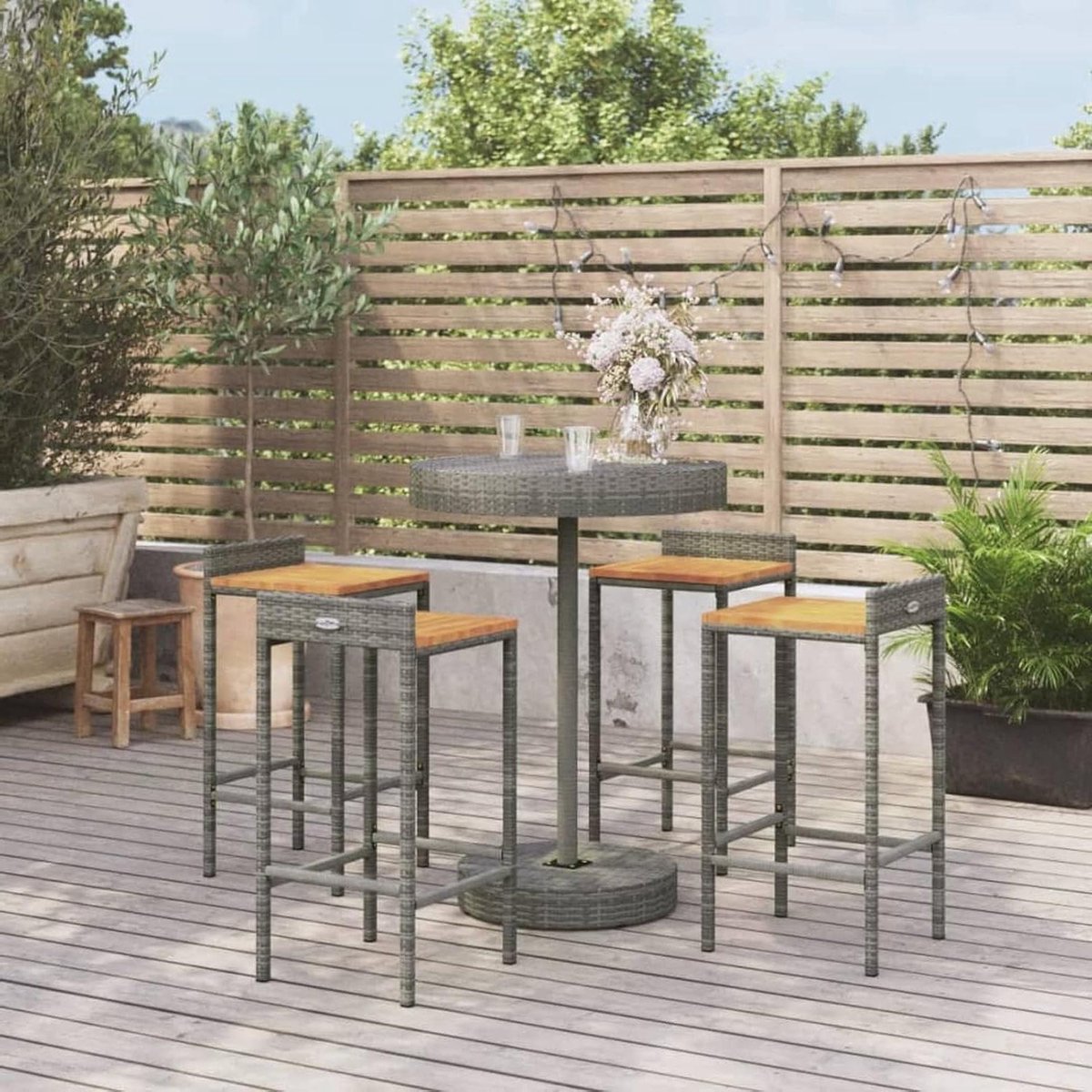 Tuin Bar Set - Bistro Set Terras - Buiten Ontspannen - Weerbestendig Polyrotan - 4 stoelen 86cm hoog - Grijs