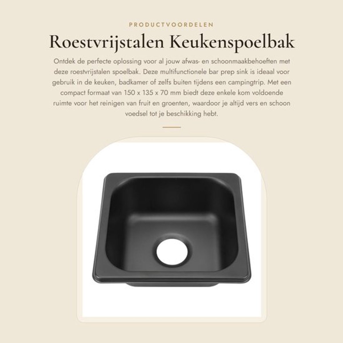 Spoelbak Roestvrij staal - Enkele Kom - Drop-in Gootsteen - Afvoergat 40 mm - Multifunctioneel - 150x135x70 mm Capaciteit