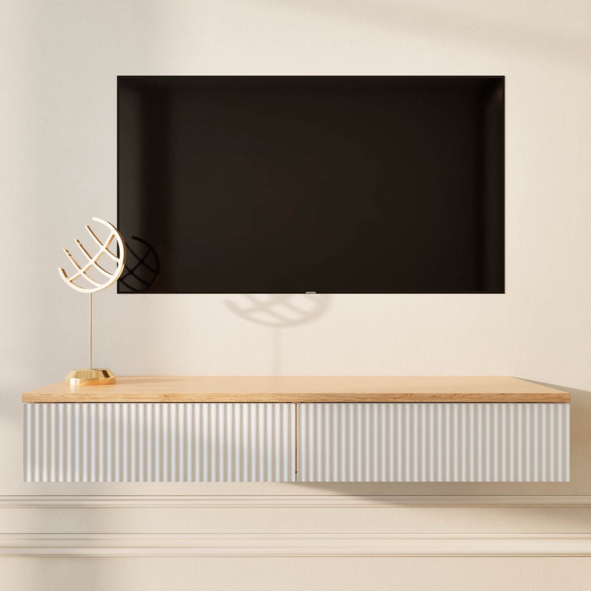 Planetmöbel AMYRA Zwevend TV-meubel 100 cm – Goud Eiken/Wit – Wandhangend – Met Lade – Compact Mediameubel