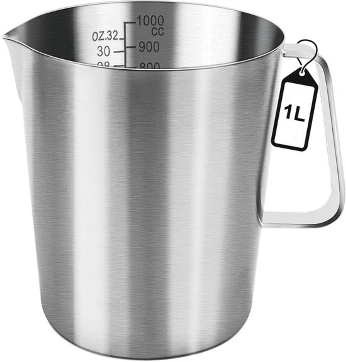 Maatbeker - Roestvrij staal - Duurzaam en robuust - Zilver - Vaatwasmachinebestendig - 1000 ml - Geschikt voor koken en bakken - Melkkann...