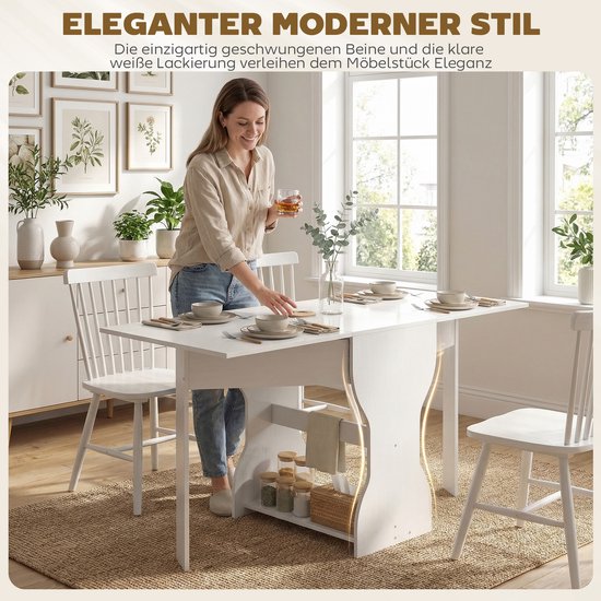 Opklapbare eettafel - keukentafel met opbergruimte voor 2 - 4 personen - opklapbare tafel voor kleine ruimtes - eetkamer - 160 x 60 x 75 cm - wit — afbeelding 3