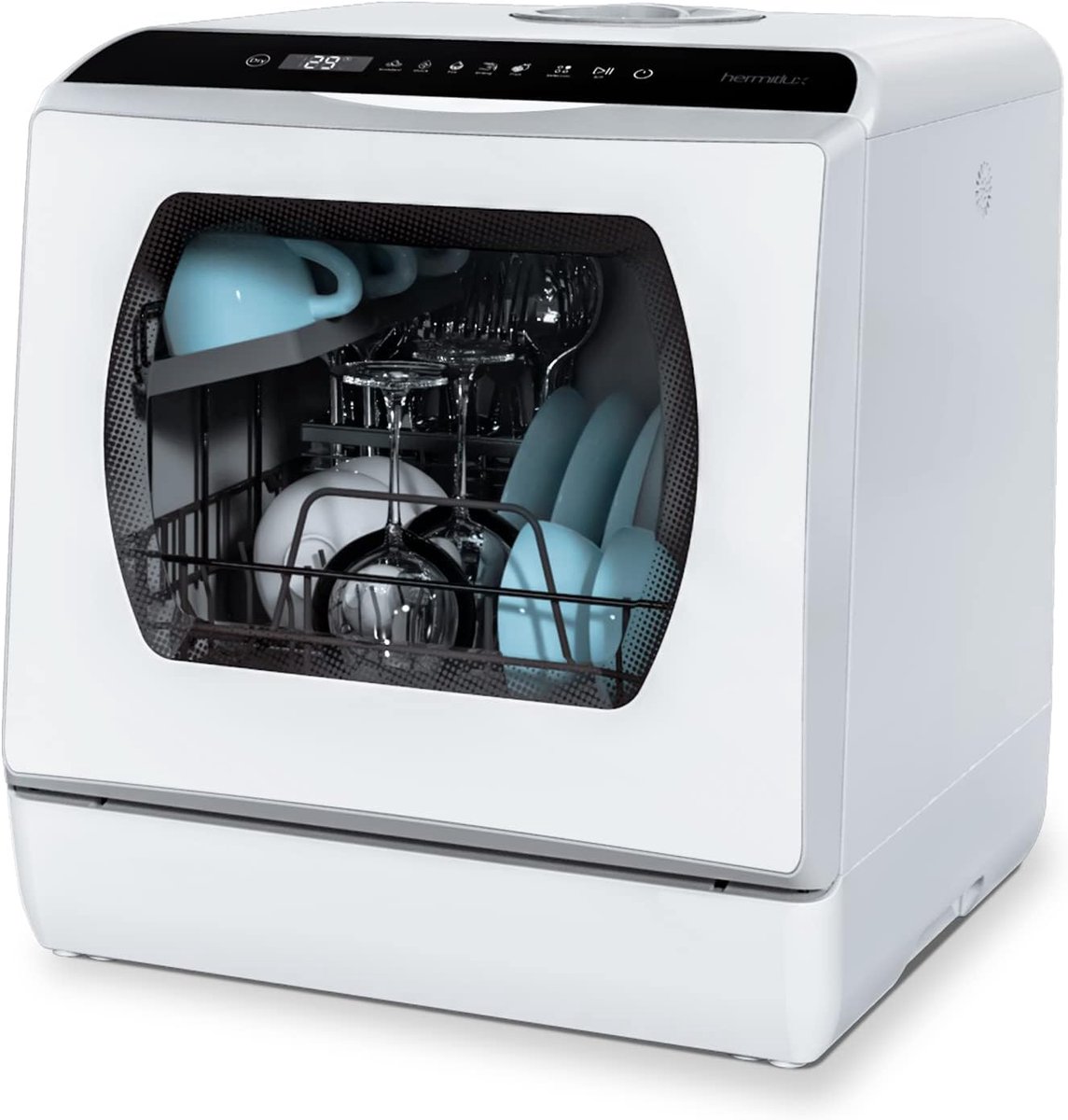 Mini Vaatwasser voor 4 Couverts – 5L Watertank – 6 Programma’s – Zonder Vaste Wateraansluiting – Warmeluchtdroging – Wit