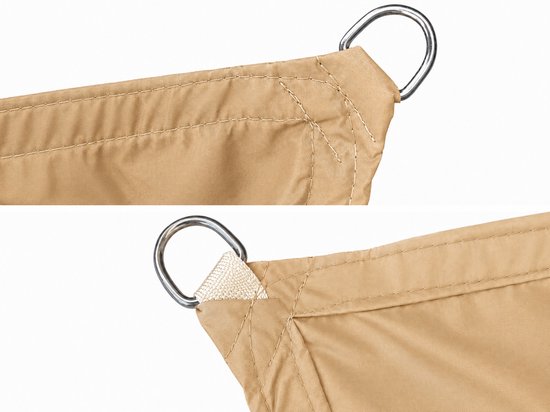 Beige schaduwdoek met versterkte hoeken en metalen D-ringen.