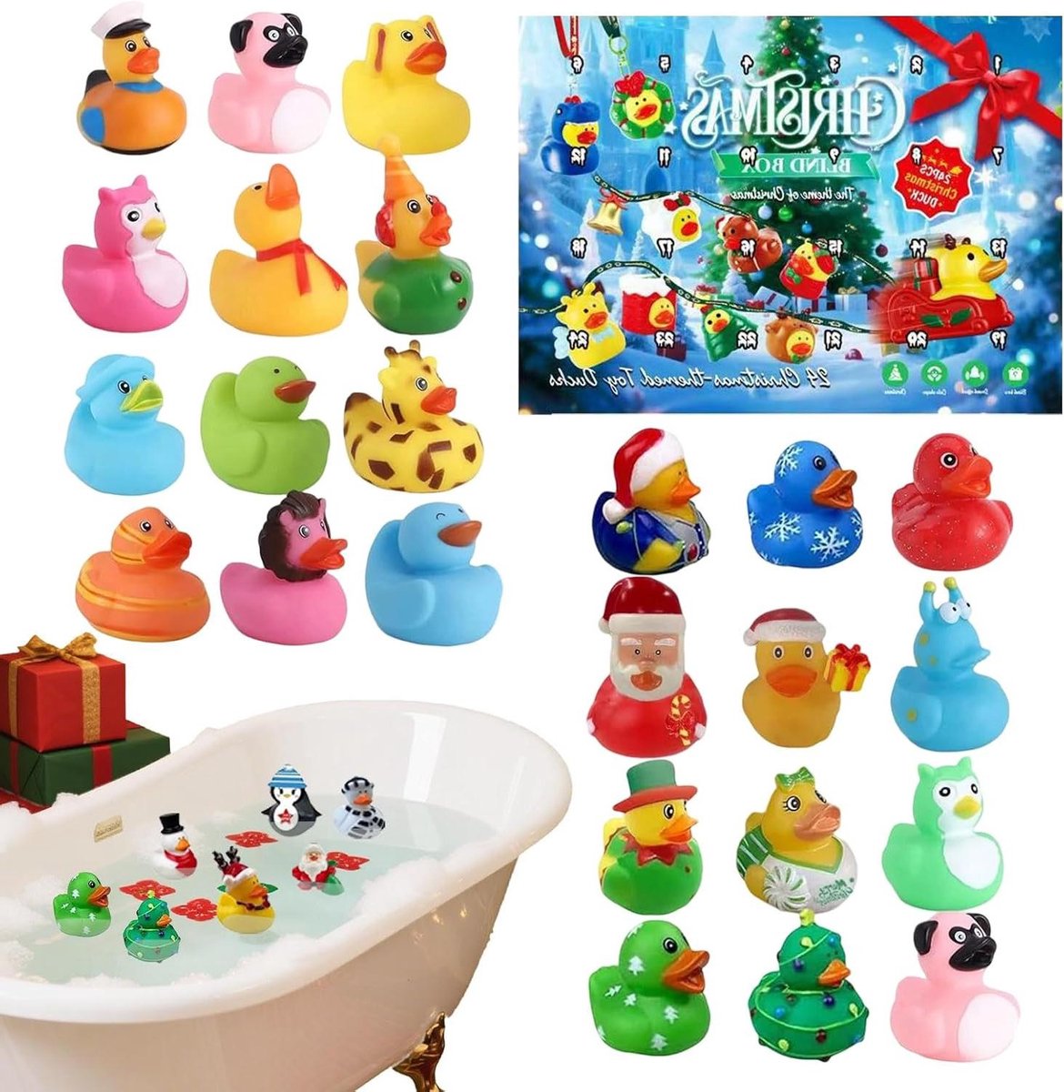 Kerst Rubber Eendjes - Badeendjes Verpakking - Feestelijke Verrassing - 24 Stuks Kalender - 349 x 261 x 67 cm