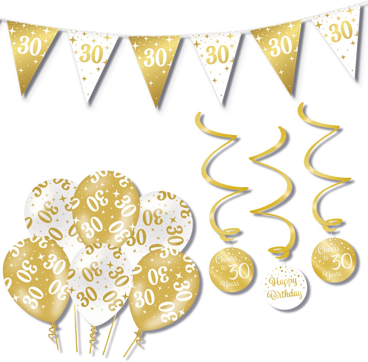BTH – Verjaardag 30 Jaar – Wit-Goud – Verjaardag Set – Ballonnen-Swirls-Vlaggenlijn – Alles-in-1 – Decoratie Pakket