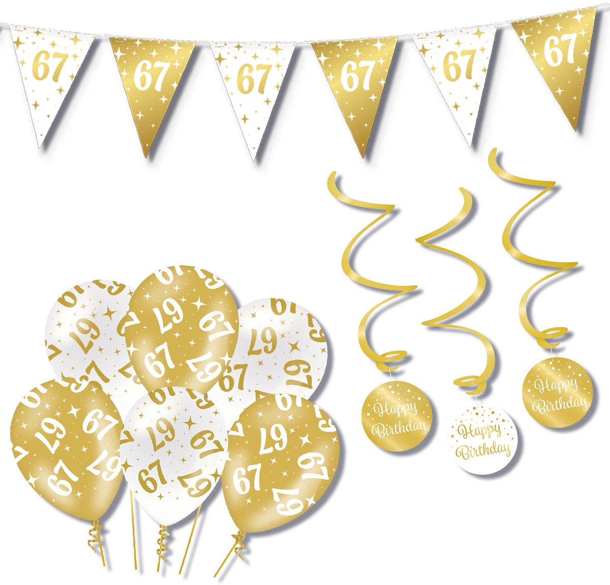 BTH – Verjaardag 67 Jaar – Wit-Goud – Verjaardag Set – Ballonnen-Swirls-Vlaggenlijn – Alles-in-1 – Decoratie Pakket