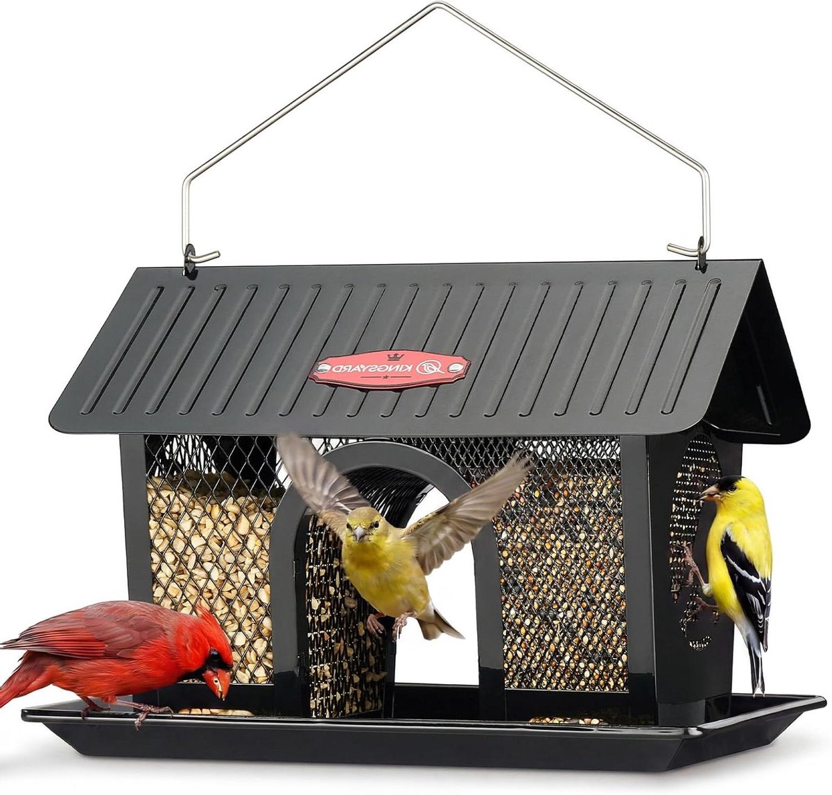 Metalen Vogelvoederbak - Hangende Voederstation - Vogels Voeren - Weerbestendig Dak - 1.36 kg Capaciteit - Zwart