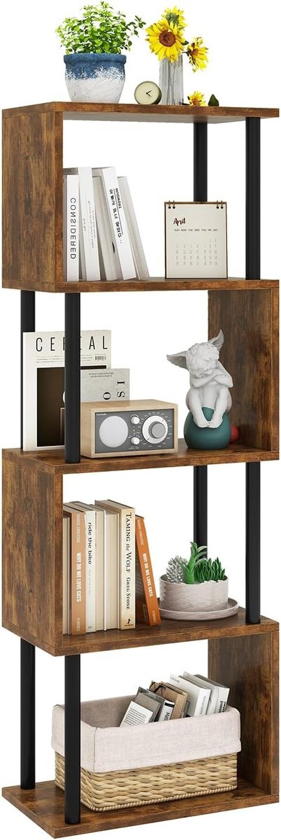 Libreria S-vormig 5-niveaus tentoonstellingsrek in bruin | Houten wandplanken, verticale opslag voor woonkamer, slaapkamer en kantoor