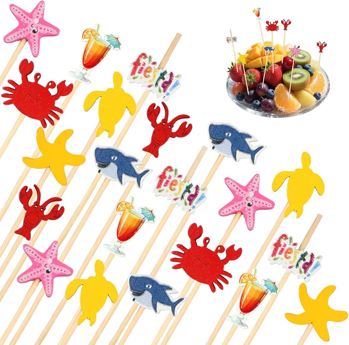 Decoratieve Houten Tandenstokers - Multicolor - 13 cm - Houten Spiesen met Zee Motieven - Voor Feesten en Evenementen