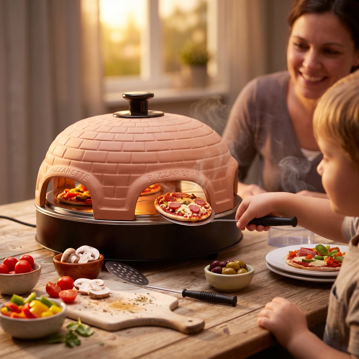 Emerio Pizzarette Origineel - 6 Persoons Pizza Oven - Handgemaakte Terracotta Koepel - 6 Geïsoleerde Bakspatels - RVS Bakplaat - Gourmetstel met Cool touch koepel - PO-115984 1200W – foto 8