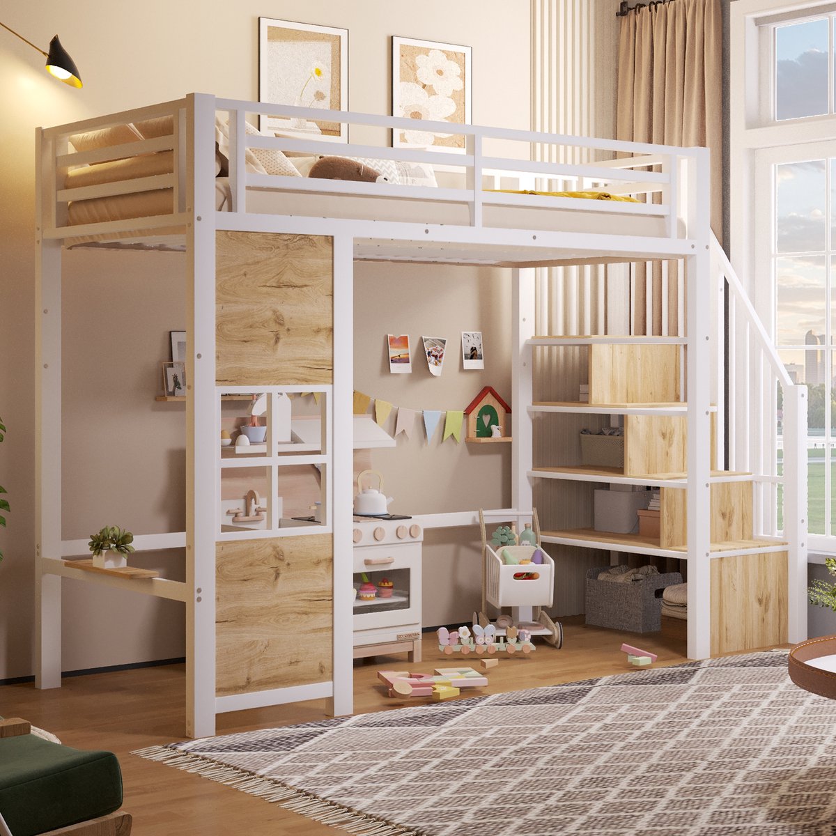 Clruro Hoogslaper - 90 x 200 cm - Open Ruimte met Opbergtrap - Vensterdesign - Metaal/MDF - Wit