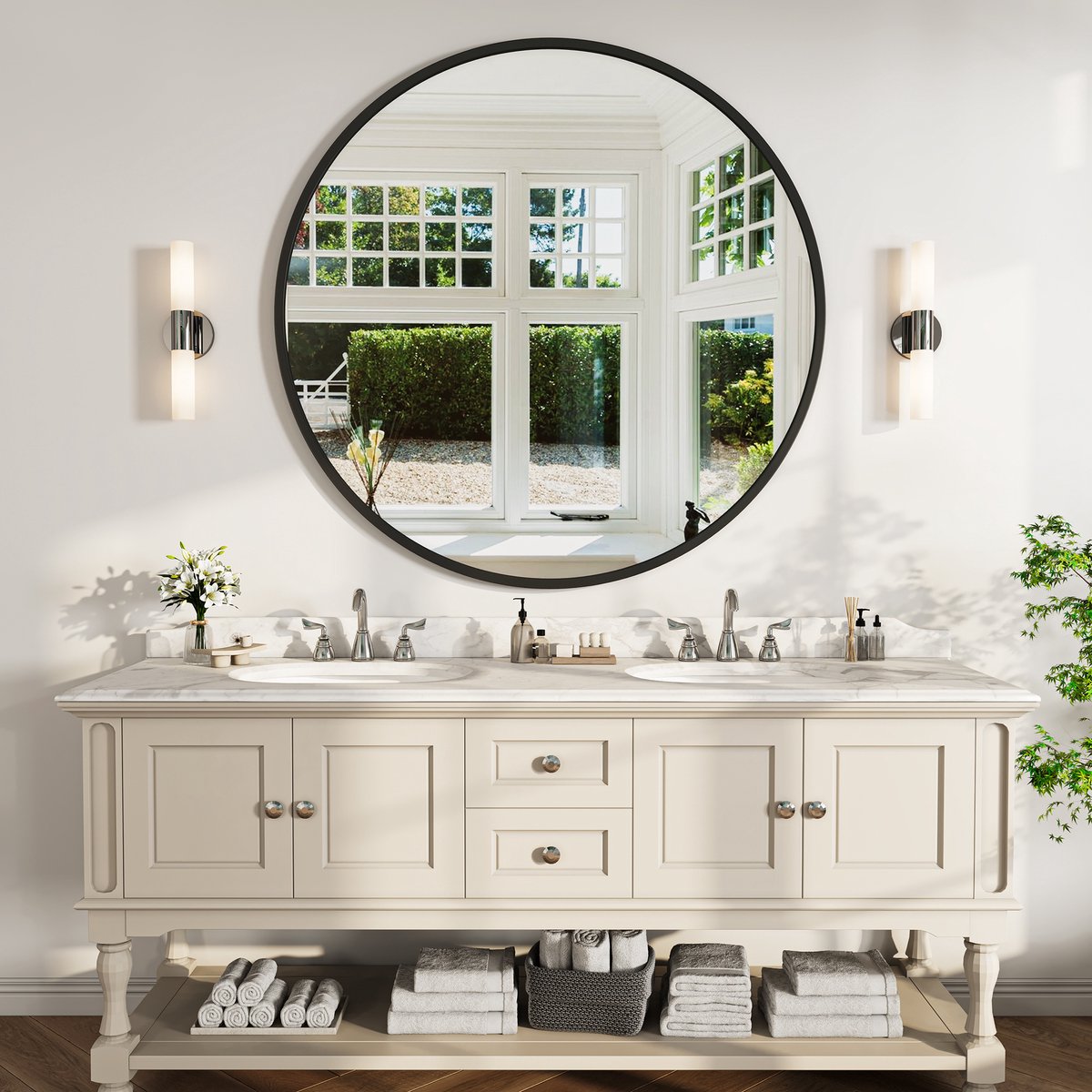 Wandspiegel 75 cm, ronde spiegel van gehard glas, make-up spiegel voor slaapkamer, moderne spiegel, zwart