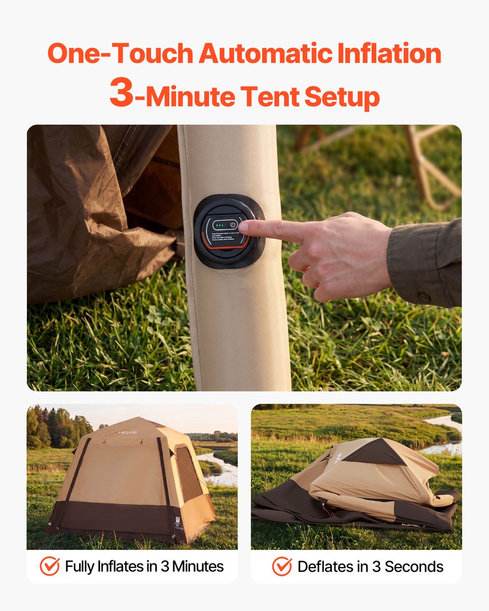 VEVOR 4-Persoons Campingtent, Opblaasbare Familietent met Oplaadbare Pomp, Tpu-Luchtslang en 5 Gaasramen, Cabinetent met Draagtas voor Gezinskamperen en Wandelen, Beige — cadeau in Cadeau-ideeën - foto 3